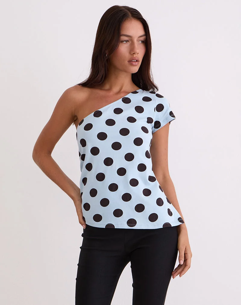 Tokiwa - T-shirt à épaules asymétriques, Big Polka Blue Brown
