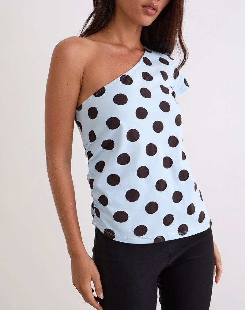 Tokiwa - T-shirt à épaules asymétriques, Big Polka Blue Brown