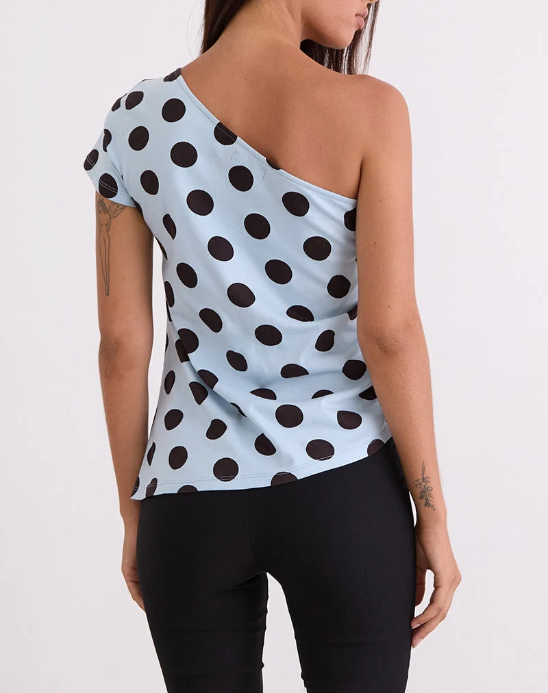 Tokiwa - T-shirt à épaules asymétriques, Big Polka Blue Brown