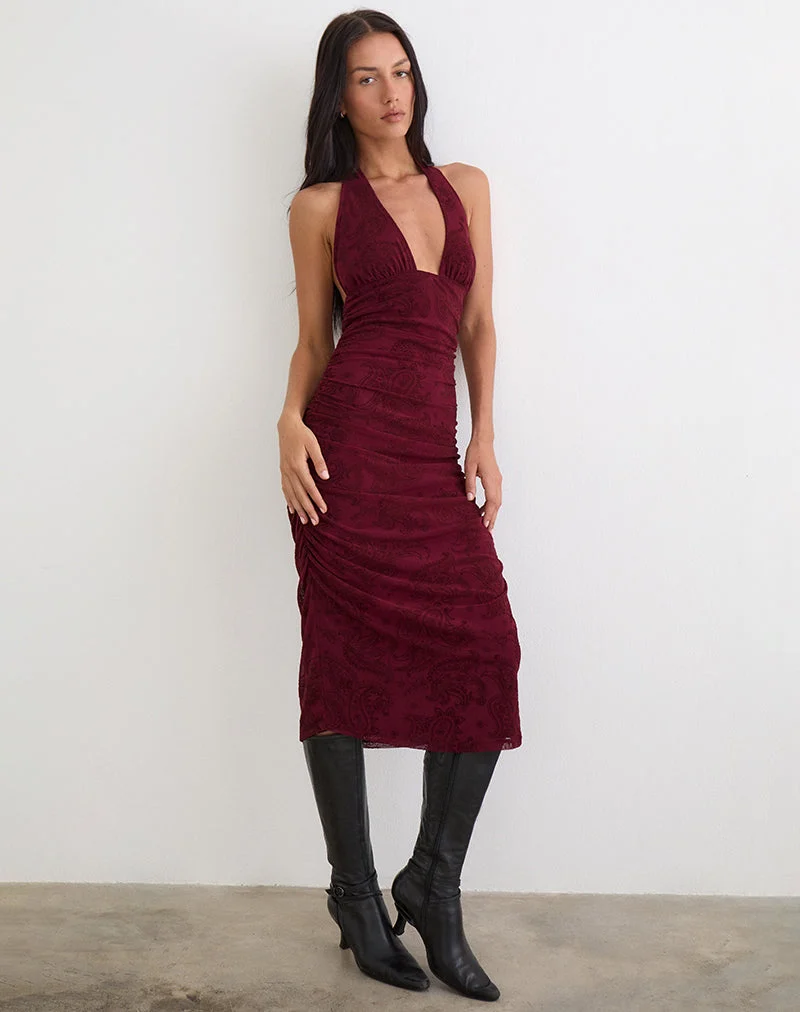 Robe Kamau en flocage compact à motif cachemire couleur vin
