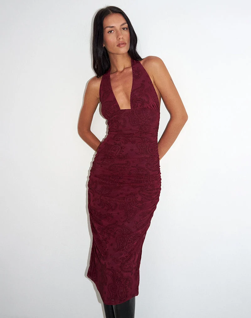 Robe Kamau en flocage compact à motif cachemire couleur vin