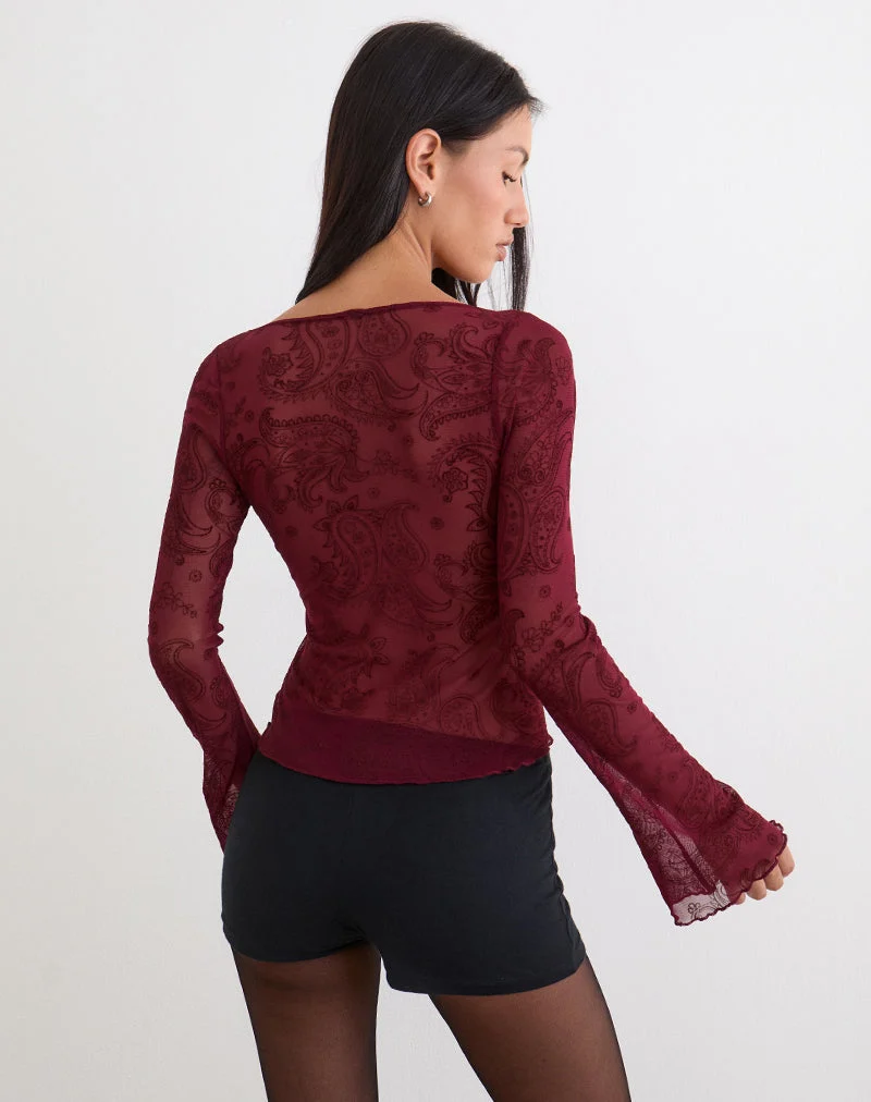 Haut Nafre en flocage compact à motif cachemire couleur vin