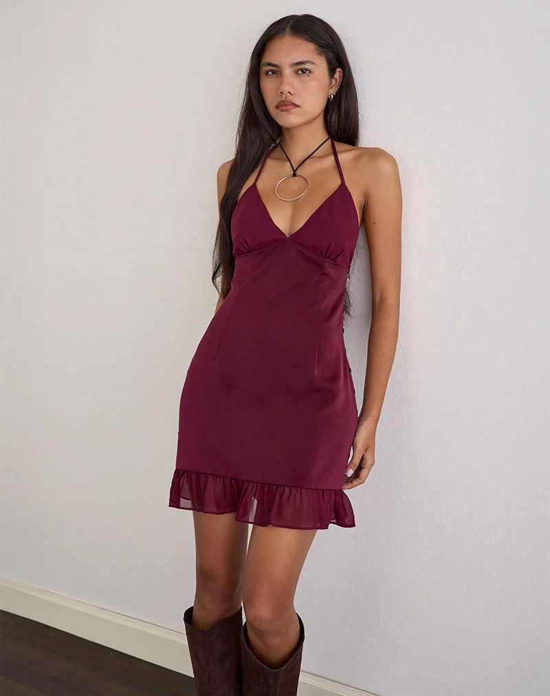 Mini-robe Rosali en mousseline de satin bordeaux