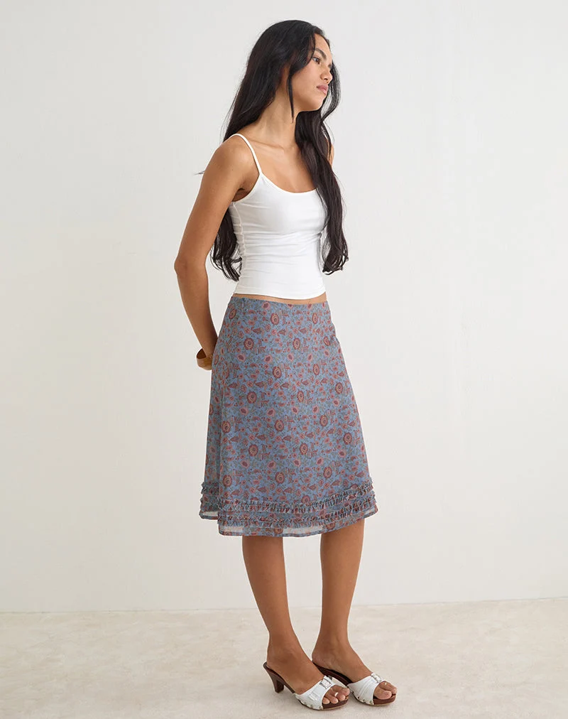 Jupe midi Nanami en mousseline bleu « Shadow Blossom »