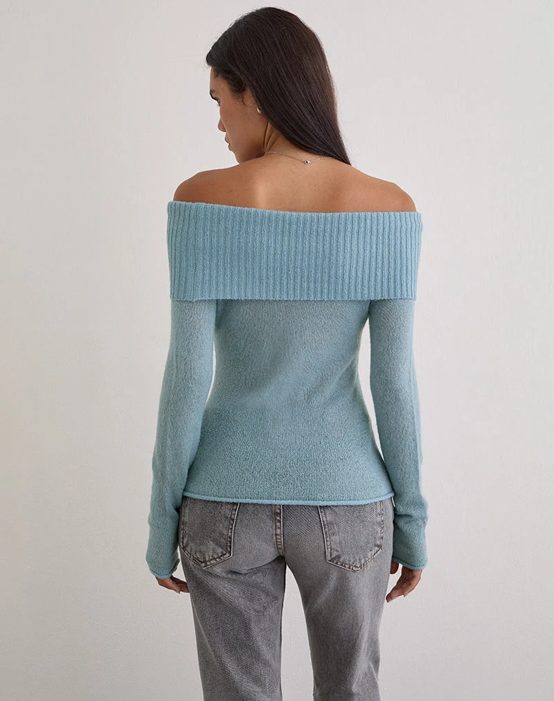 Pull Lune Bardot en maille bleue