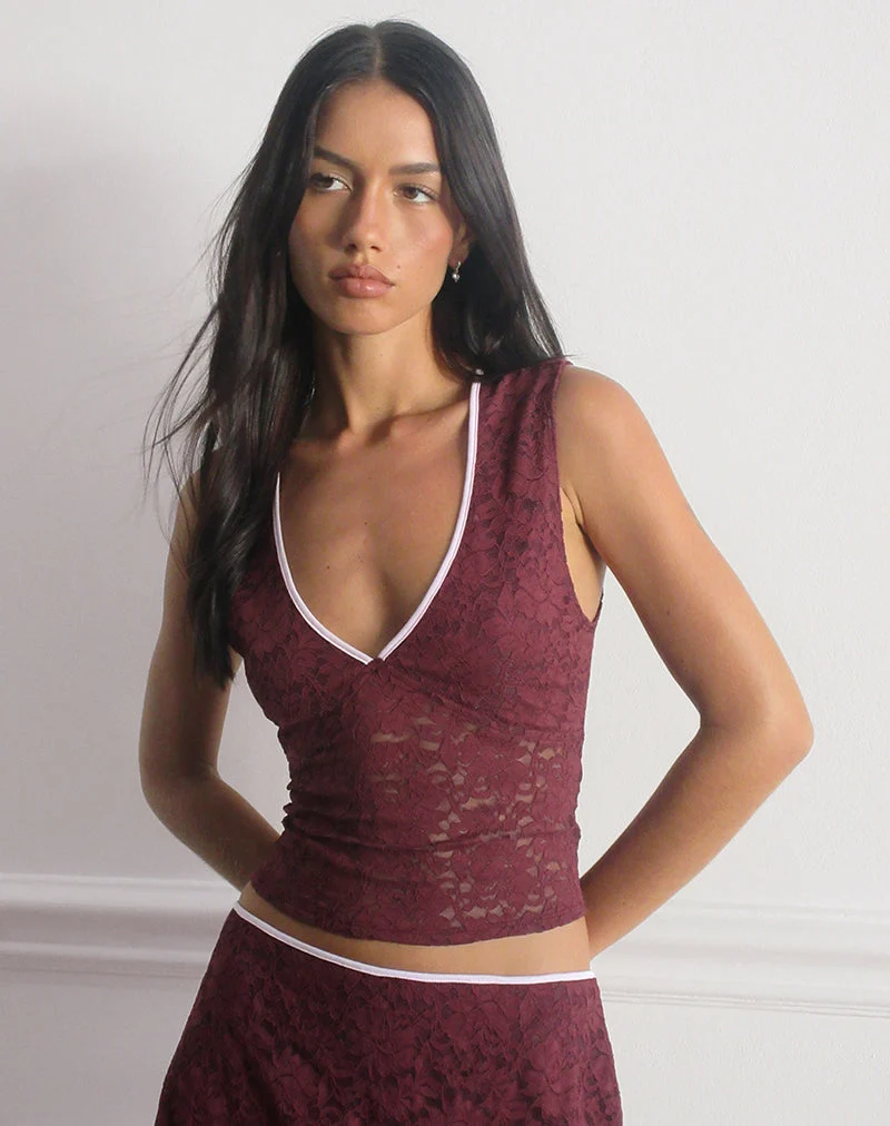 Top Lihat en dentelle bourguignonne avec bordure rose