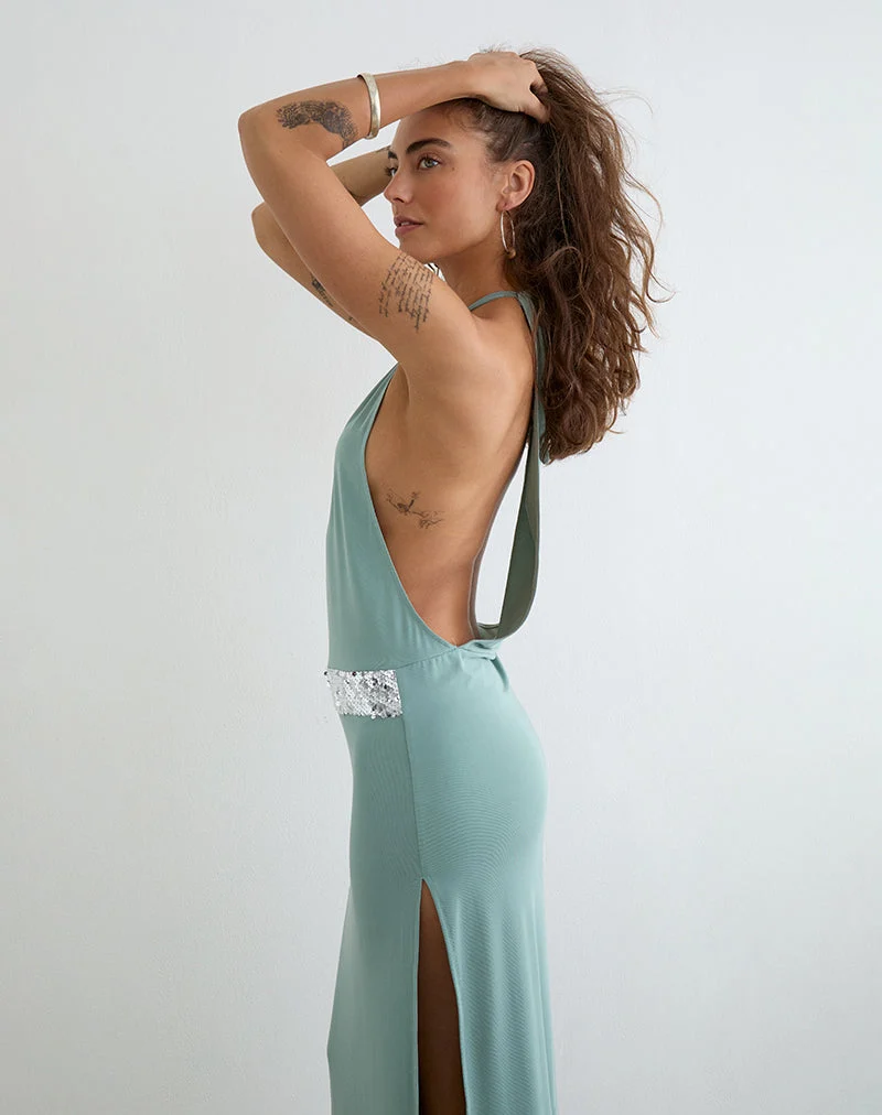 Robe longue à col montant Karuna, couleur gris aqua