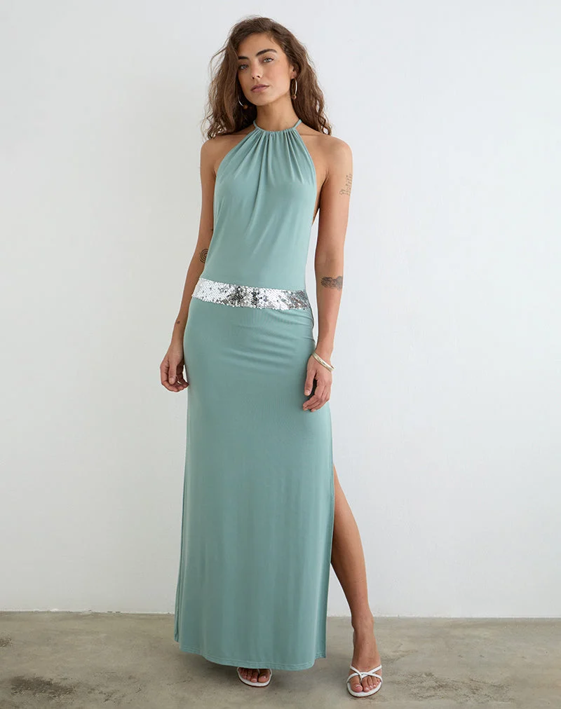 Robe longue à col montant Karuna, couleur gris aqua