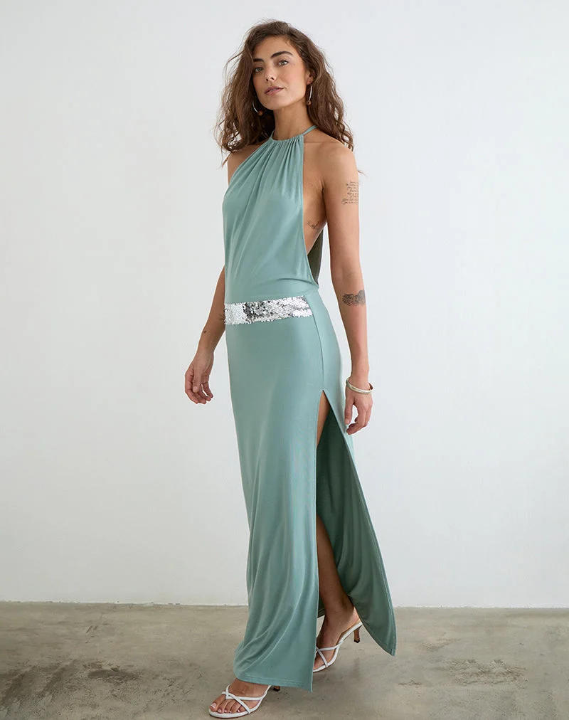 Robe longue à col montant Karuna, couleur gris aqua