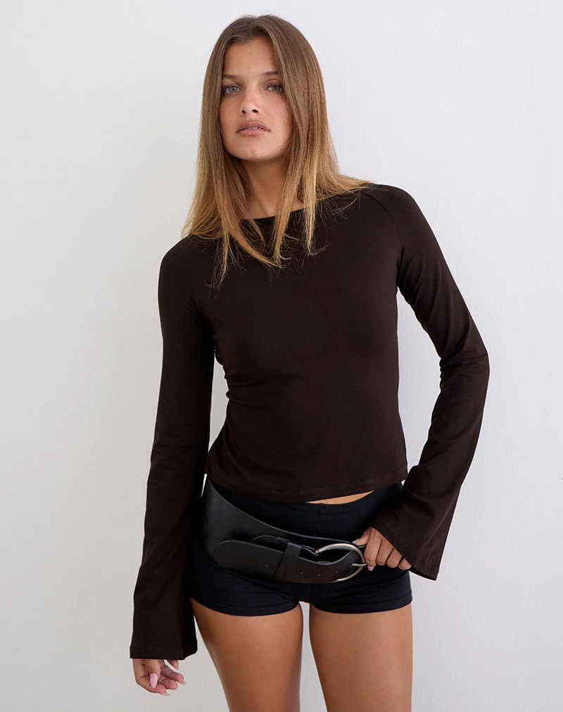 Haut à manches longues Muzan en jersey de rayonne, couleur marron chocolat