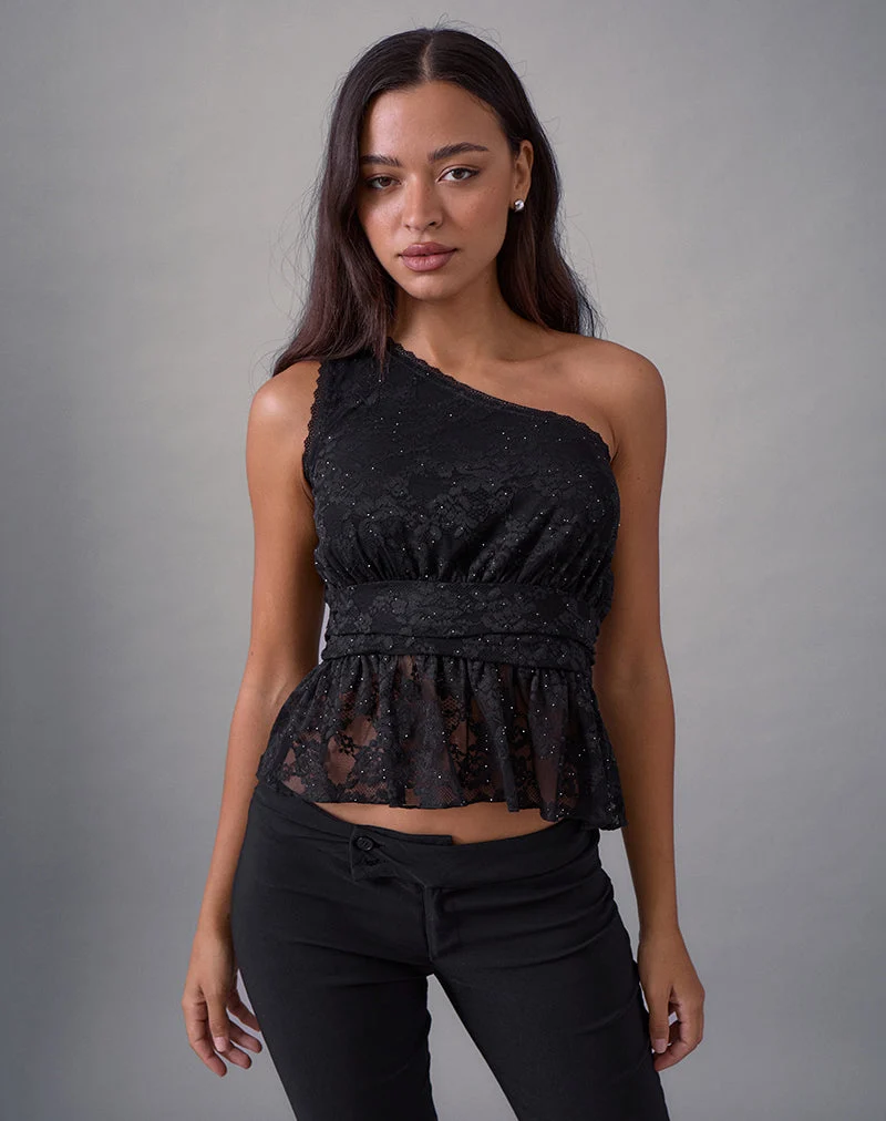Sayong One Shoulder Top in Floral Lace Black (Top asymétrique en dentelle florale)