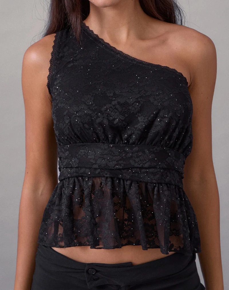 Sayong One Shoulder Top in Floral Lace Black (Top asymétrique en dentelle florale)