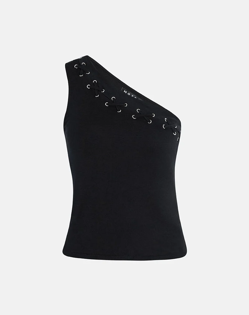 Chivago Cross Lace Up One Shoulder Top in Jersey Black