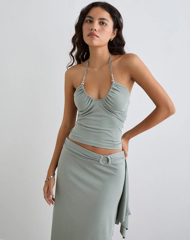 Nina Beaded Halter Top in London Fog (Top dos nu perlé)