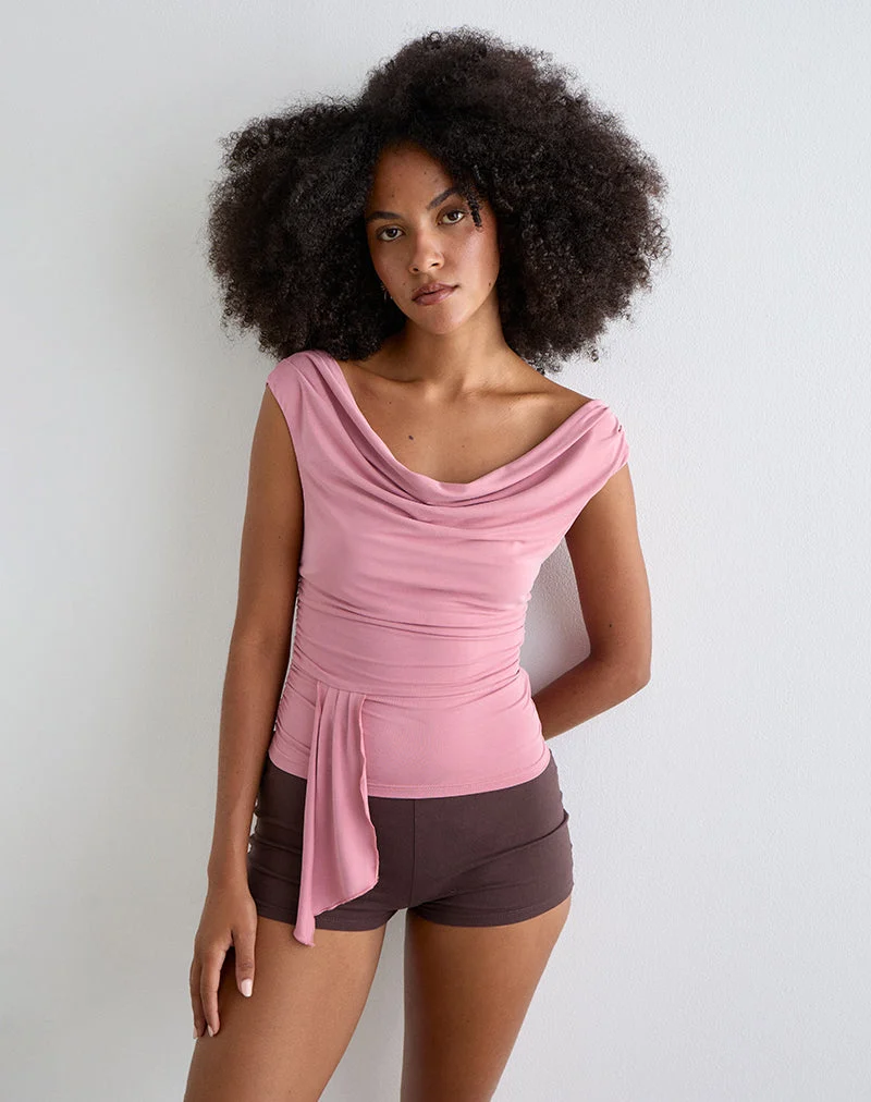 Top drapé Neida en cupro rose