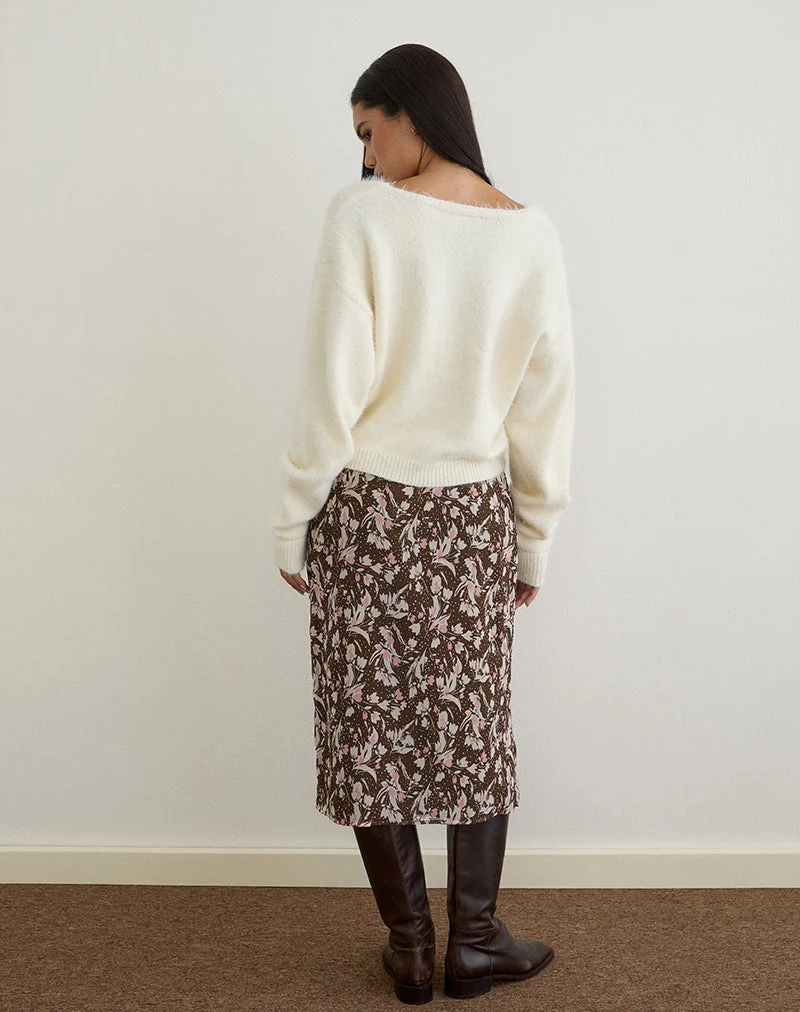 Jupe midi Nimas en mousseline à fleurs polka marron et rose