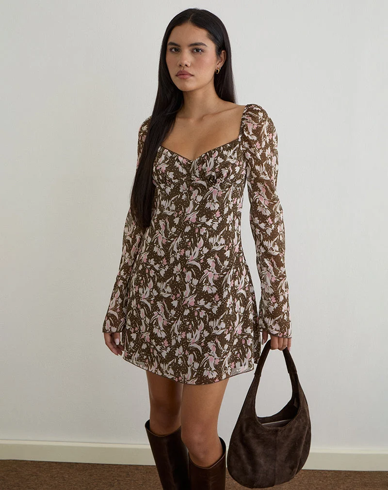 Robe Mariko en mousseline de soie à fleurs polka marron et rose