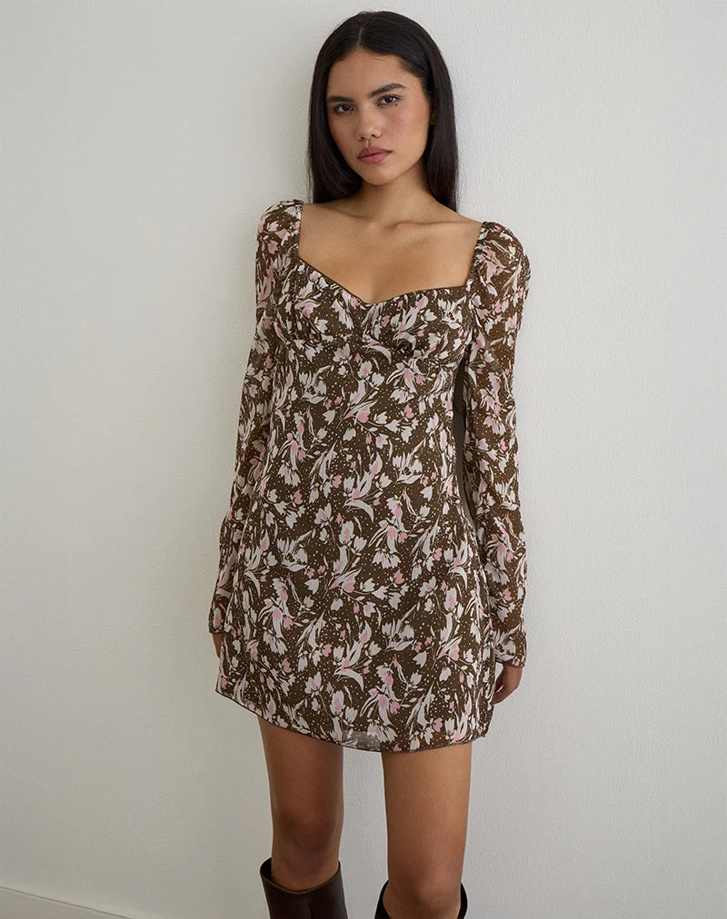 Robe Mariko en mousseline de soie à fleurs polka marron et rose