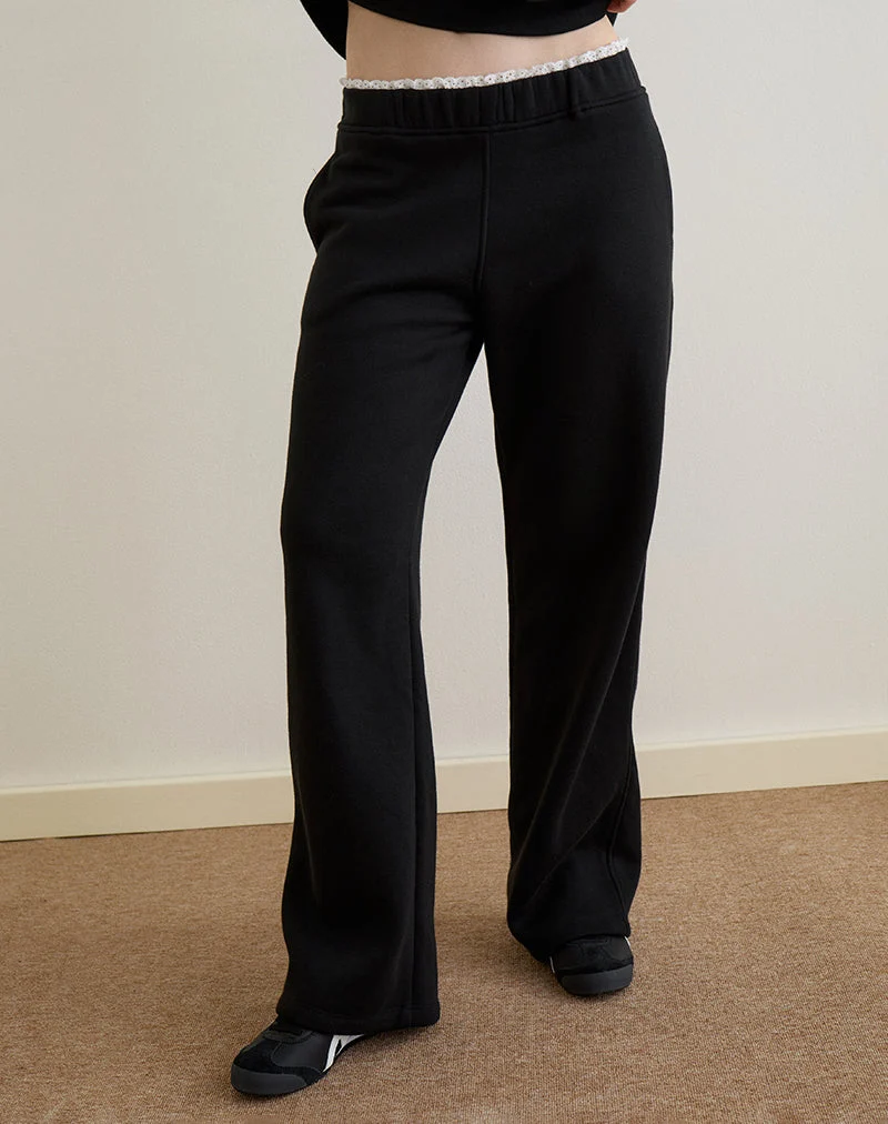 Jenita Loose Jogger in Black with White Picot Trim