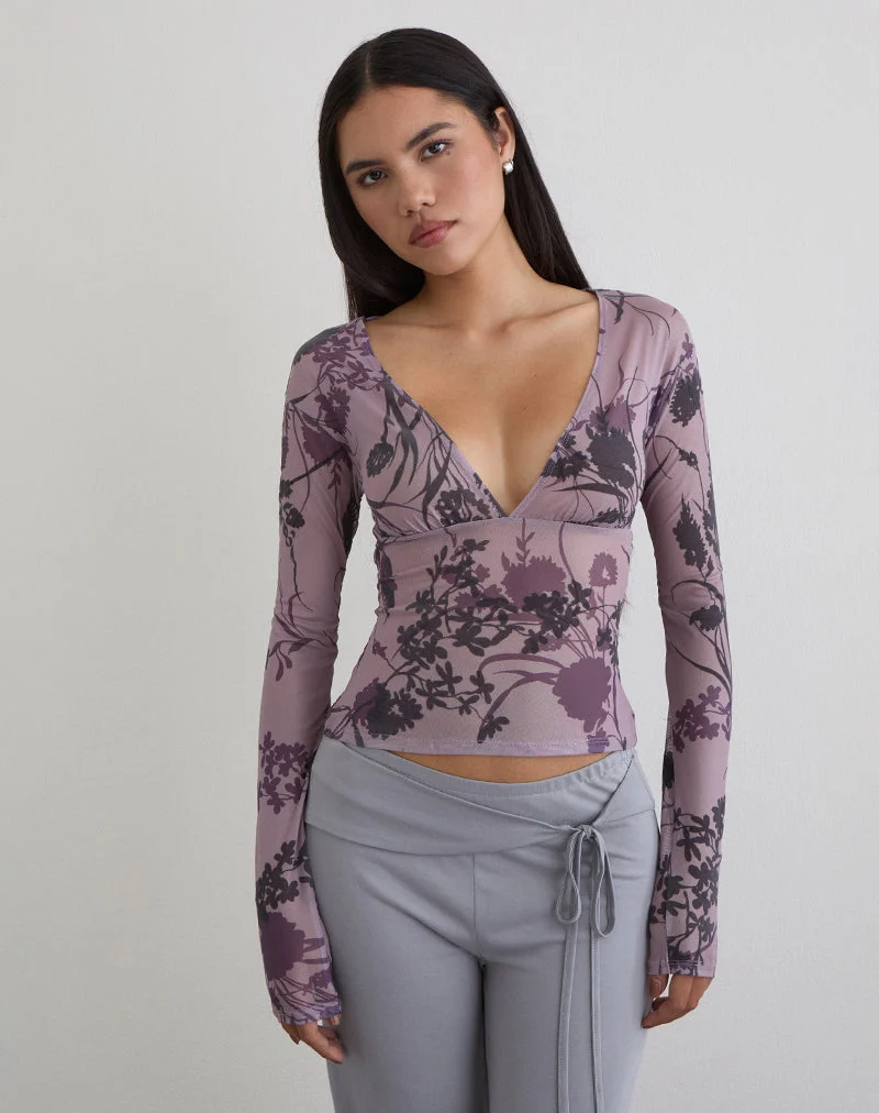 Haut Jaydra à fleurs violettes floquées