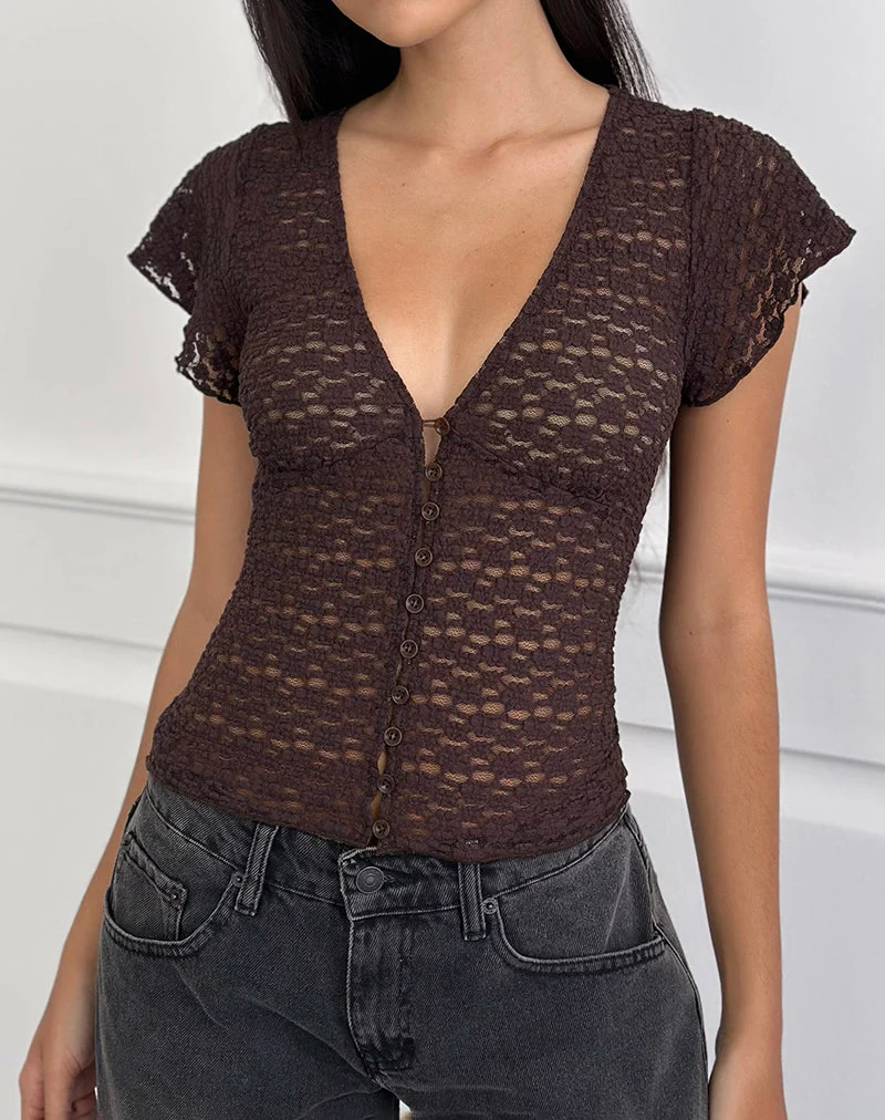Haut boutonné à col en V Yeslin, couleur prune foncée