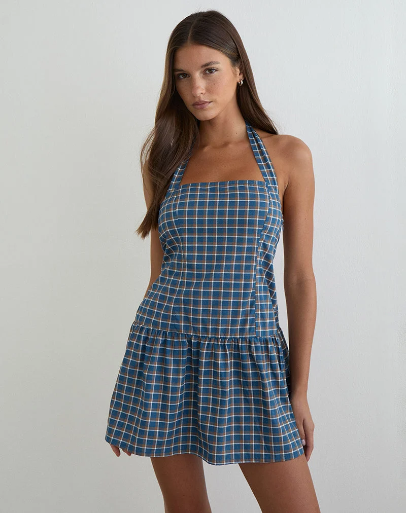 Mini-robe à col licou Panja en tartan bleu moyen
