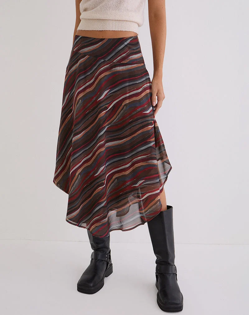 Jupe midi Diona en mousseline à rayures ombrées style années 70