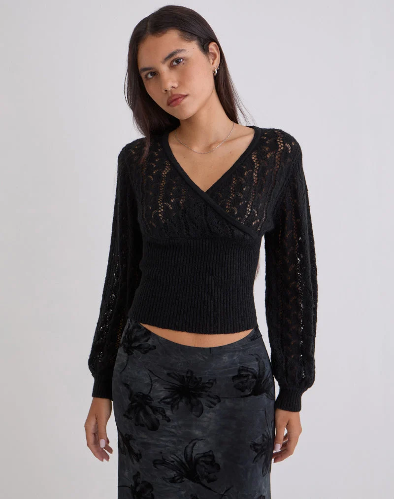 Haut cache-cœur Nilara en maille pointelle noir