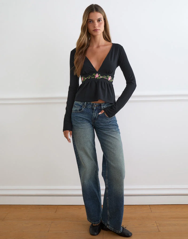 Haut Yahop noir avec broderie florale en spirale