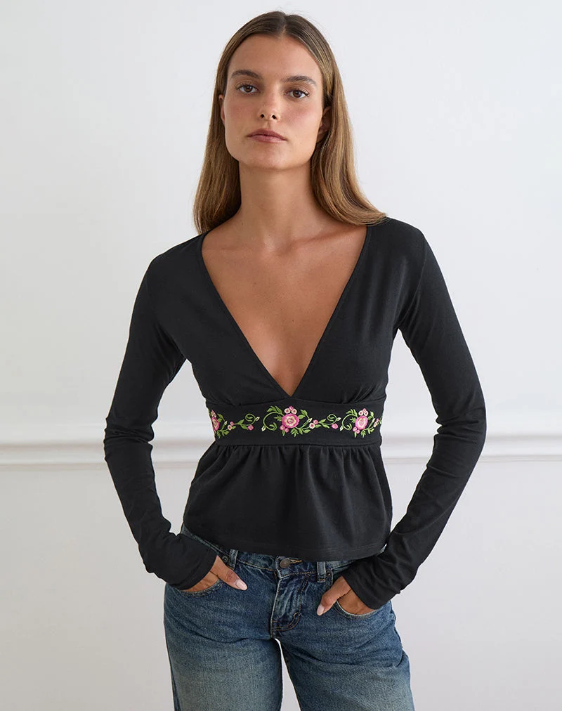 Haut Yahop noir avec broderie florale en spirale