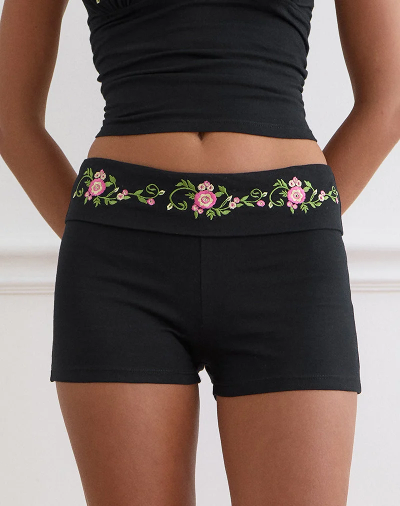 Short « Sea » à revers, noir, avec broderie florale en spirale