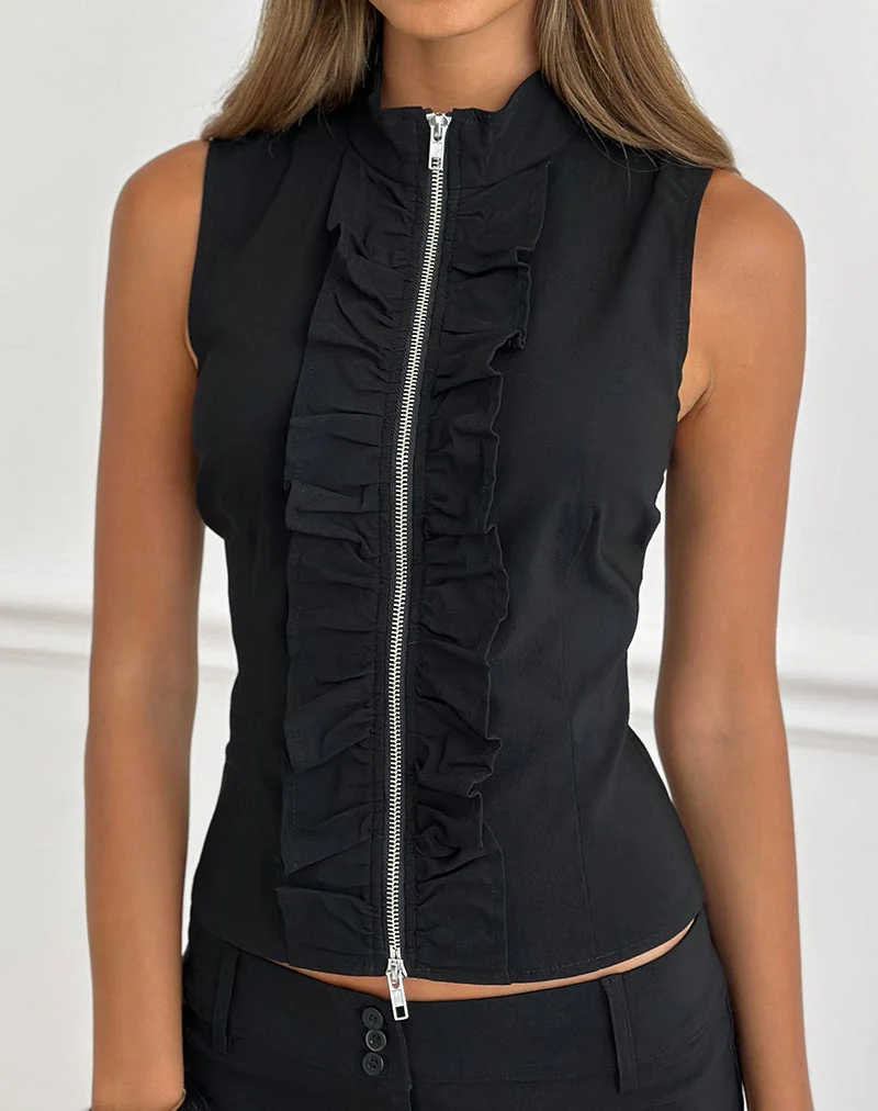 Haut à volants et fermeture éclair Hanae, couleur « Tailoring Black »