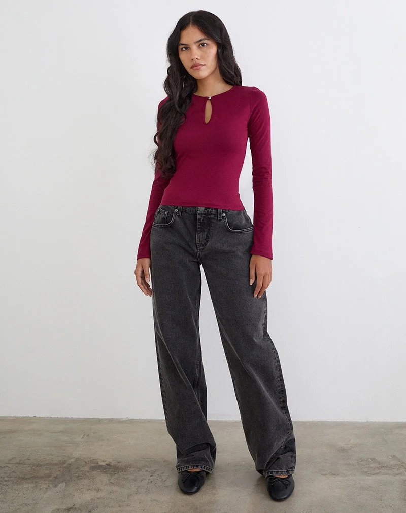 Haut à manches longues Jenji avec bouton en perle, couleur bordeaux
