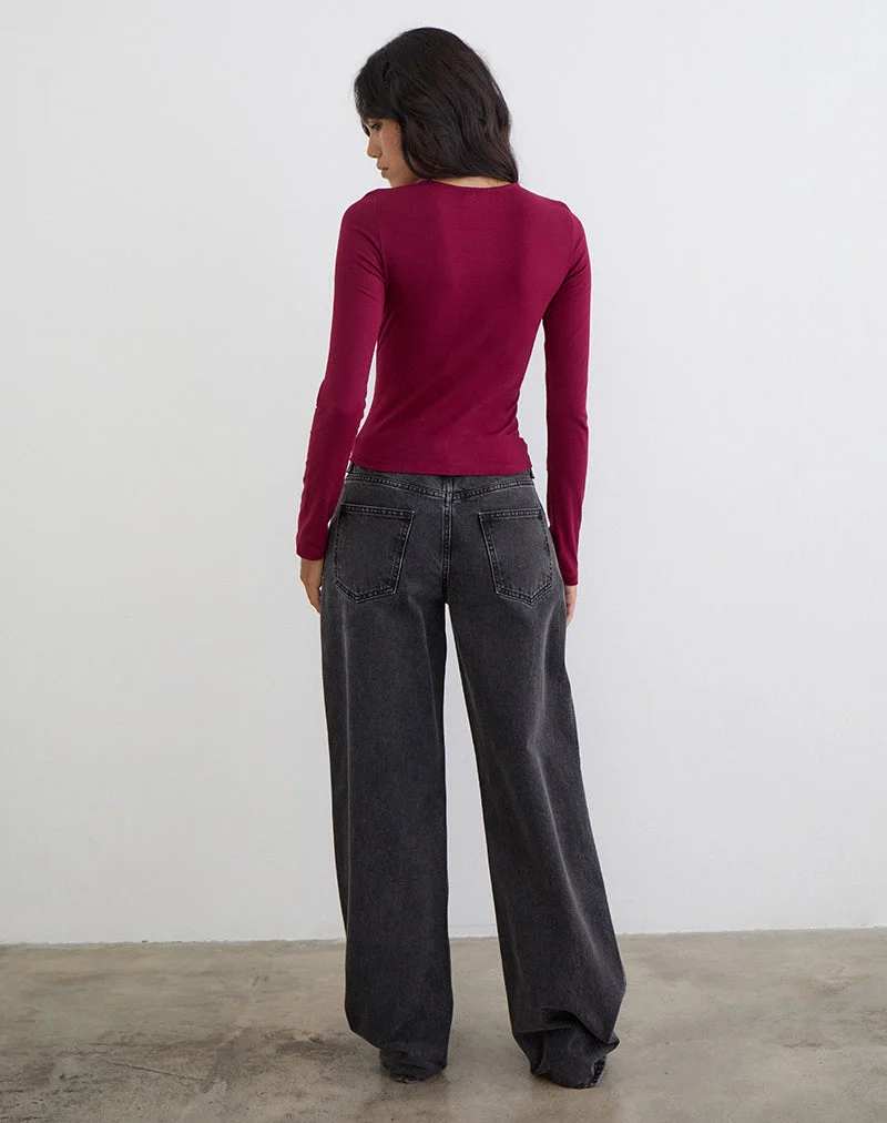 Haut à manches longues Jenji avec bouton en perle, couleur bordeaux