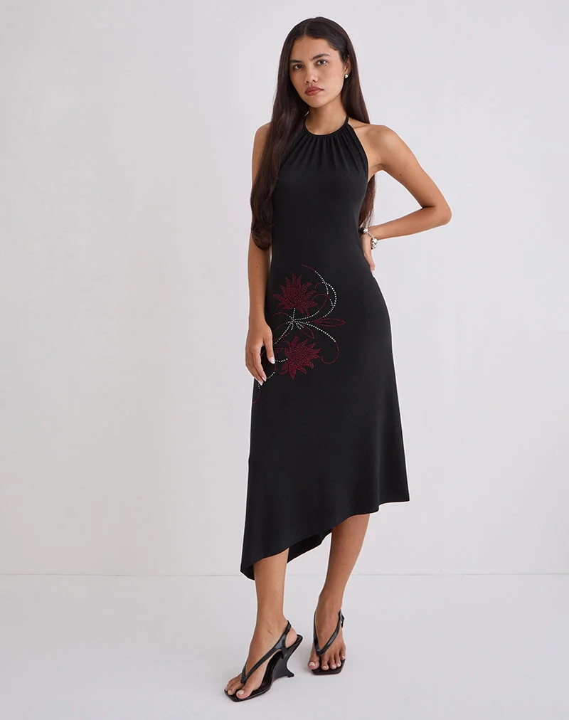Robe midi Zavine en cupro, fleur Diamante, noir