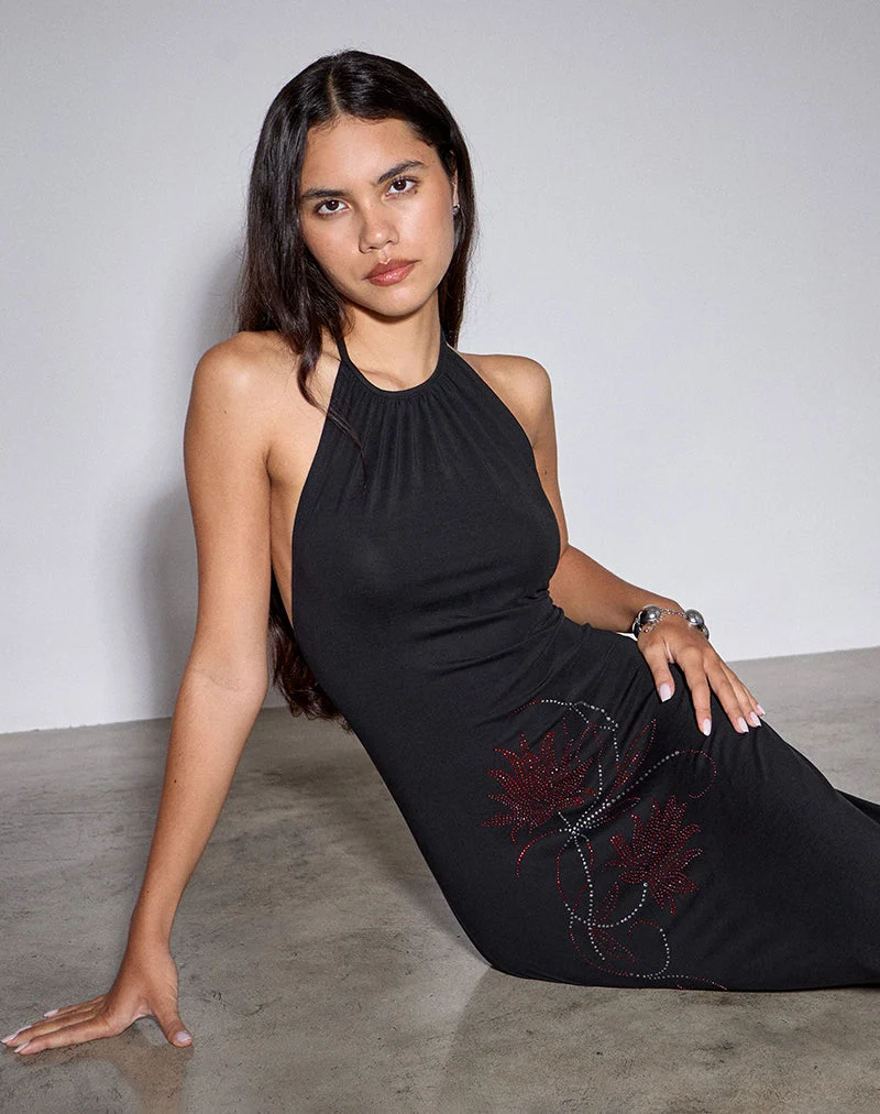 Robe midi Zavine en cupro, fleur Diamante, noir