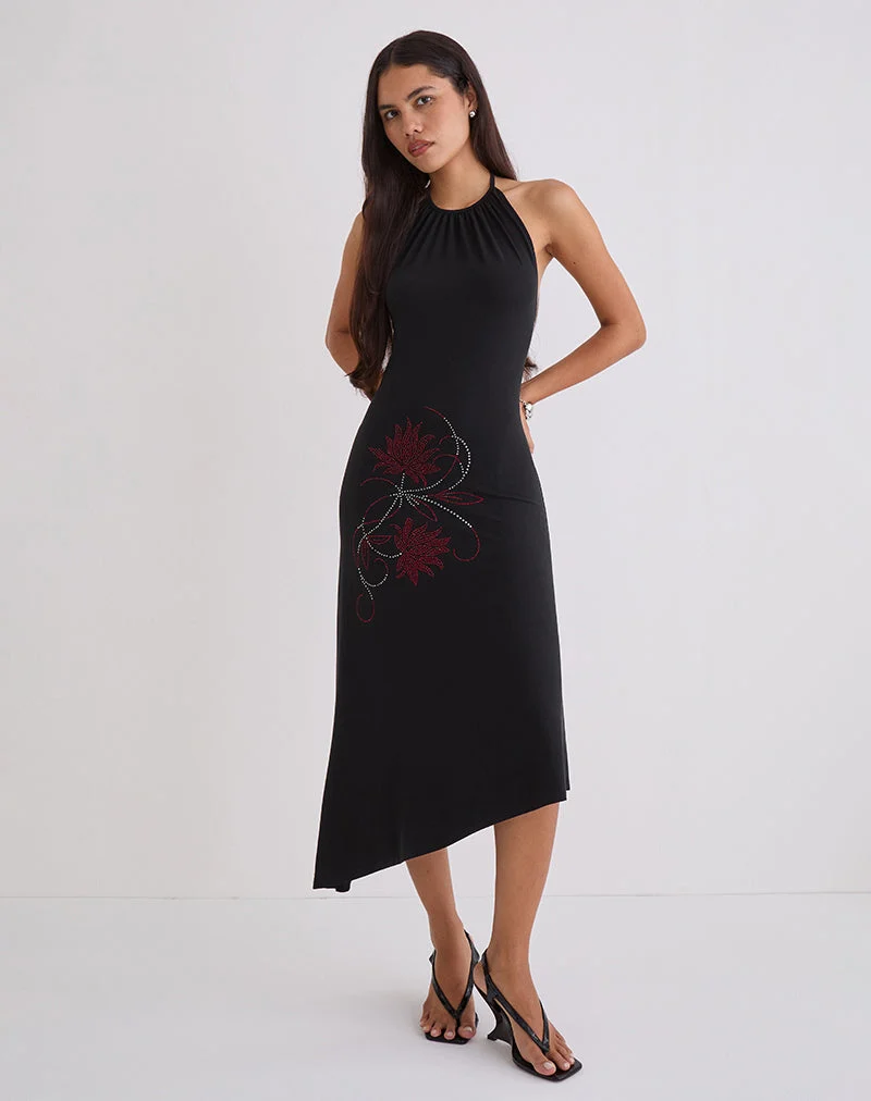 Robe midi Zavine en cupro, fleur Diamante, noir