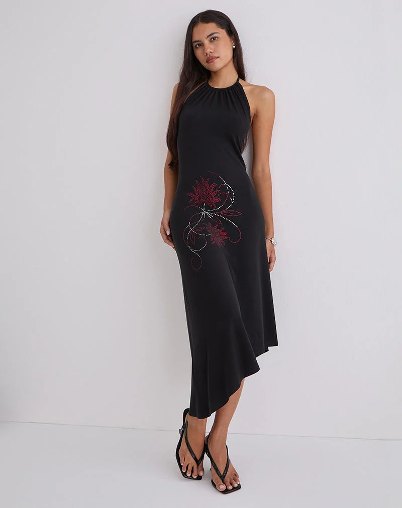 Robe midi Zavine en cupro, fleur Diamante, noir