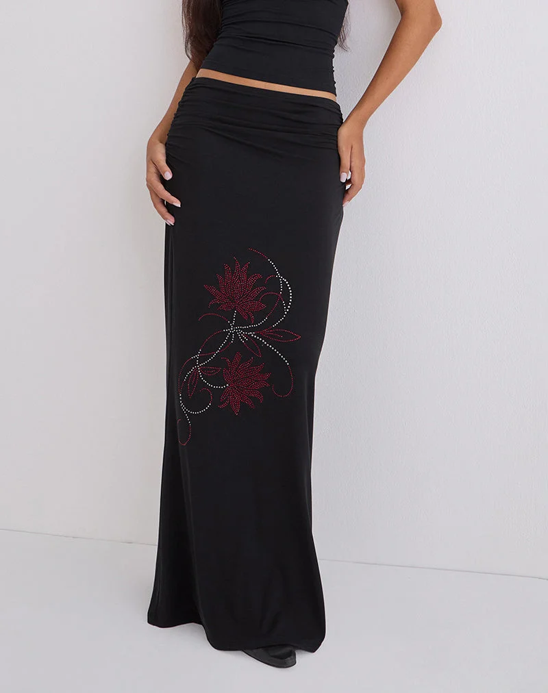 Jupe longue Naisra en cupro, fleur Diamante, noir