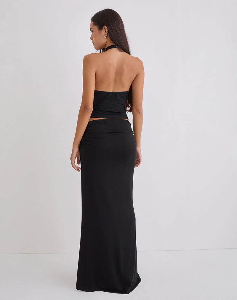 Jupe longue Naisra en cupro, fleur Diamante, noir
