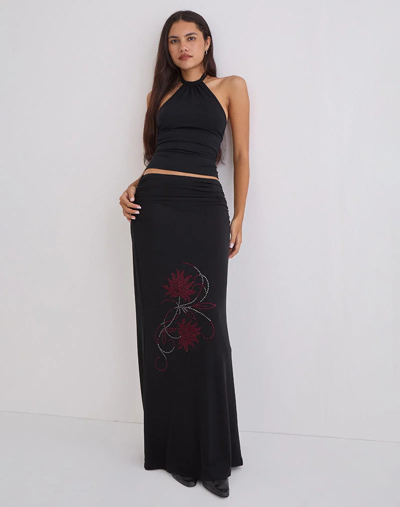 Jupe longue Naisra en cupro, fleur Diamante, noir