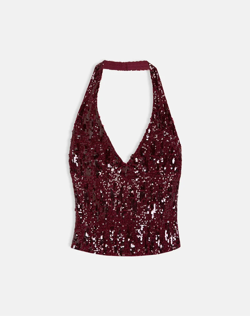 Cosio Halter Top in Mix Sequin Red