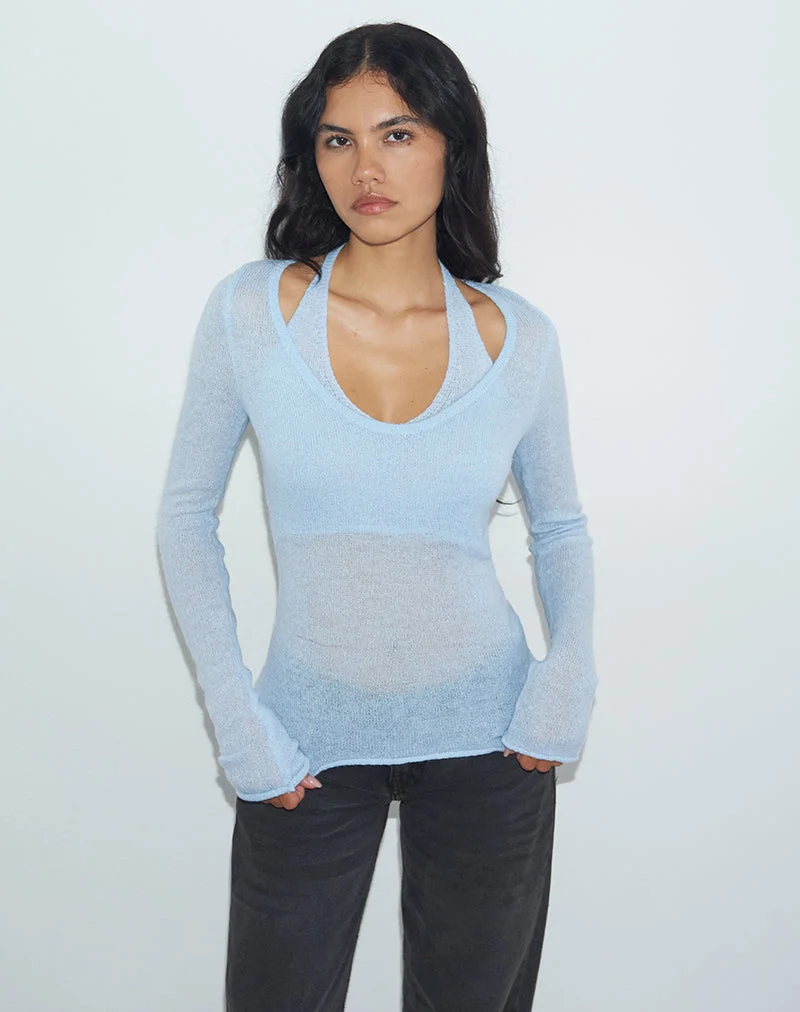 Haut à manches longues Misora en maille transparente bleue