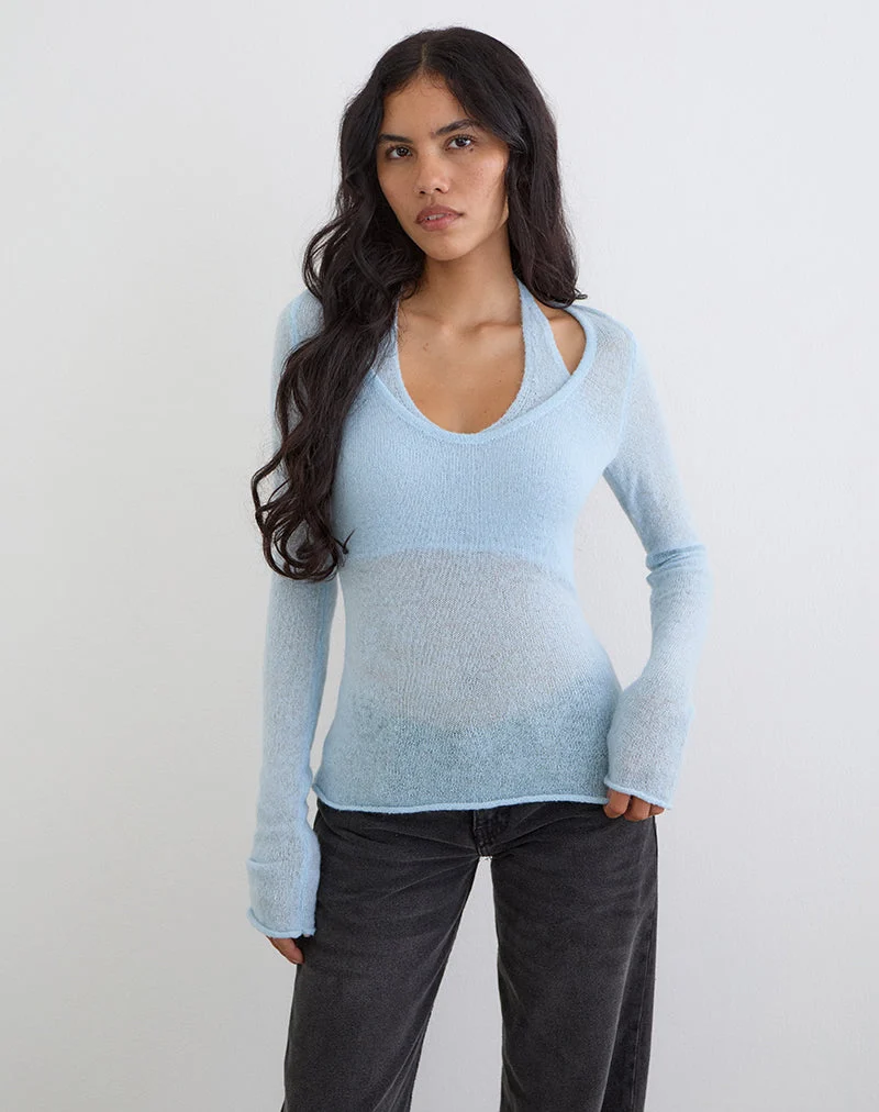 Haut à manches longues Misora en maille transparente bleue