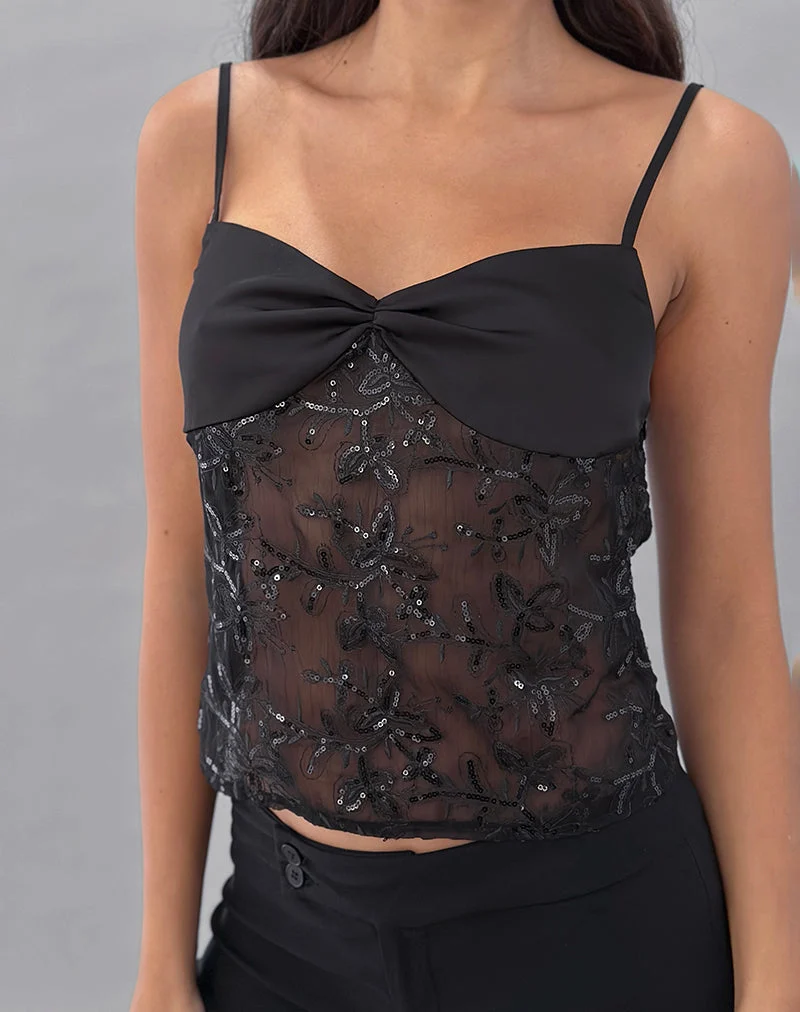 Rikasu Top in Floral Chiffon Sequin Black