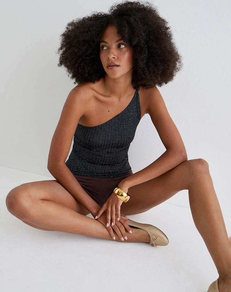 Idari One Shoulder Top in Metalic Stripe Jersey Black (Top asymétrique en jersey à rayures métalliques)
