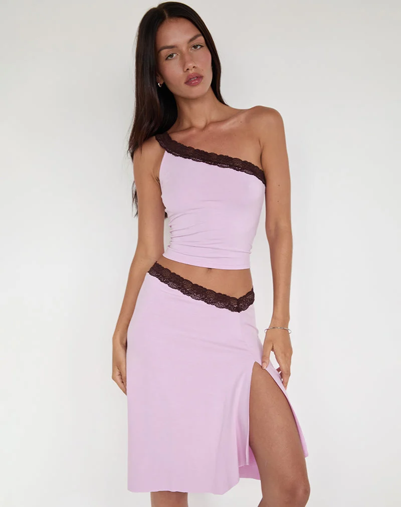 Jupe midi Laudine, lavande et dentelle chocolat amer
