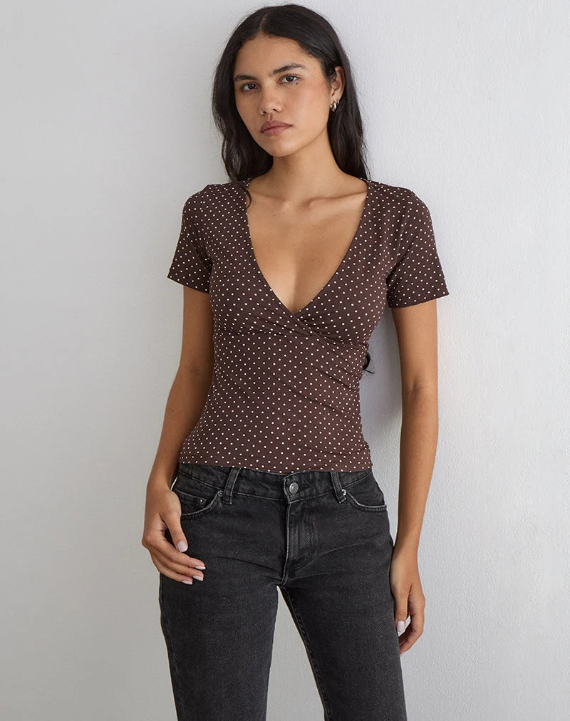 Haut Lobos Crossover en jersey micro pois marron