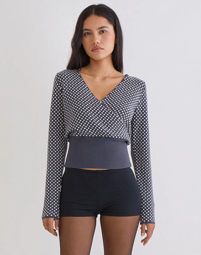 Haut Josina en tricot compact à pois gris et ivoire