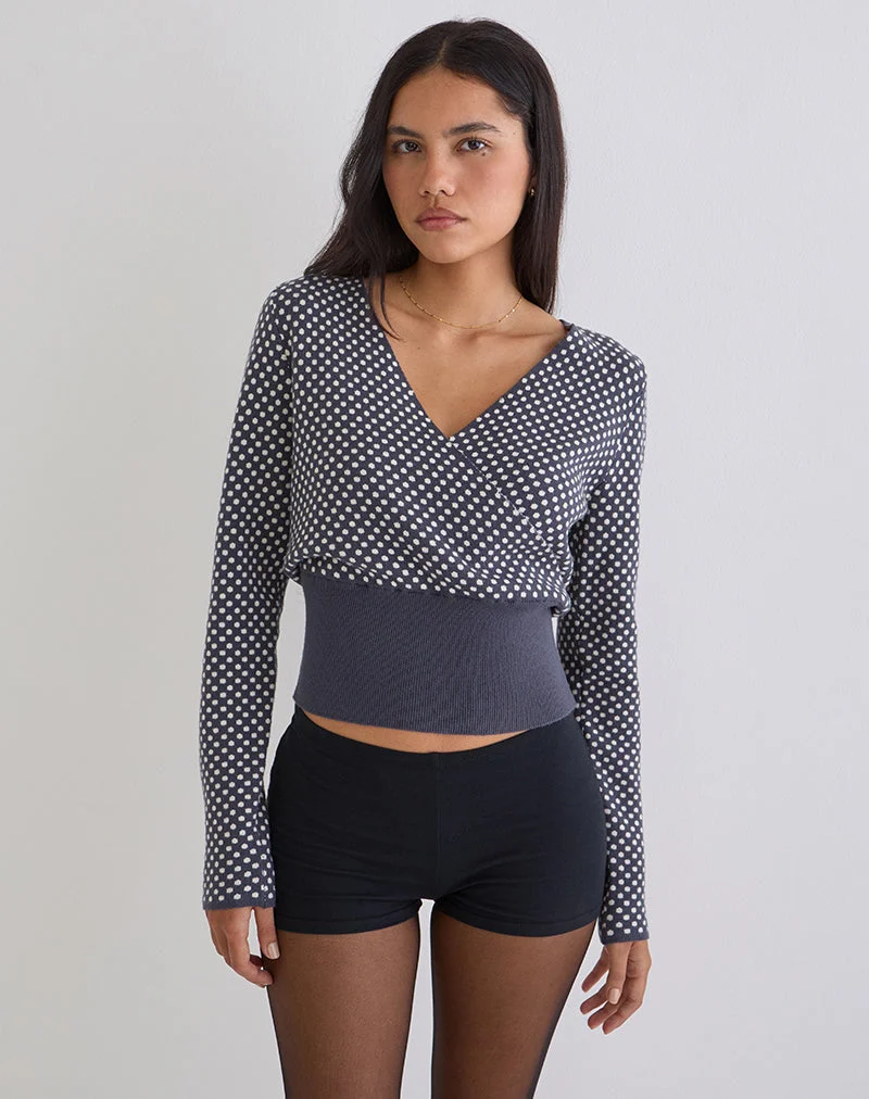 Haut Josina en tricot compact à pois gris et ivoire